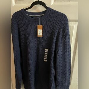 Denver Hayes  Dark Blue Cable Knit Crewneck Sweater